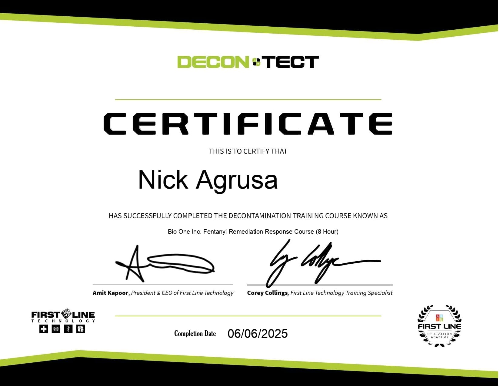 Decontec Fentanyl Response Certificate
